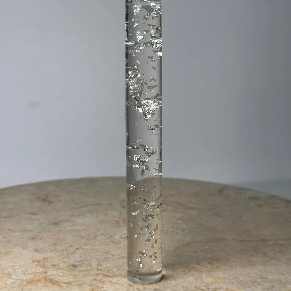 Vintage Lucite Silver Foil Gel Taper Candle 8 Inch Clear Metallic Leaf Accent